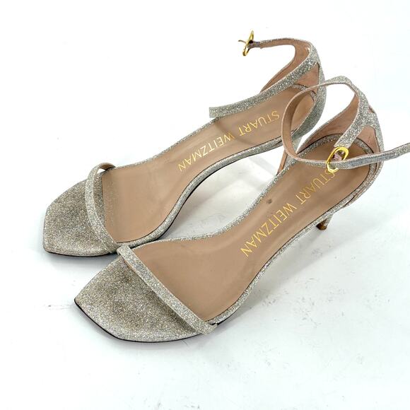 Stuart Weitzman Nudistcurve Heels 9 Platino Silver Sandal Wedding Bridal Glam - Picture 9 of 10